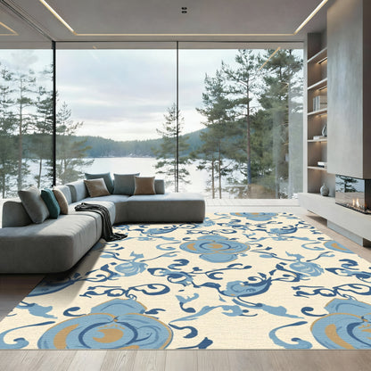 Blue Gold Floral Scrollwork Rug
