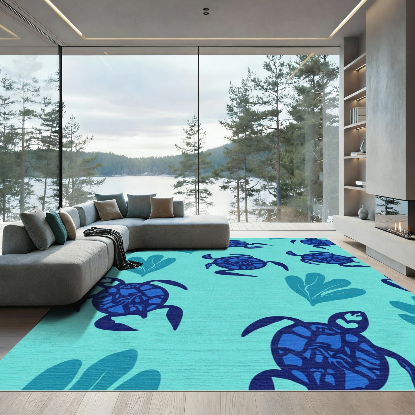 Blue Sea Turtle Aqua Coral Rug