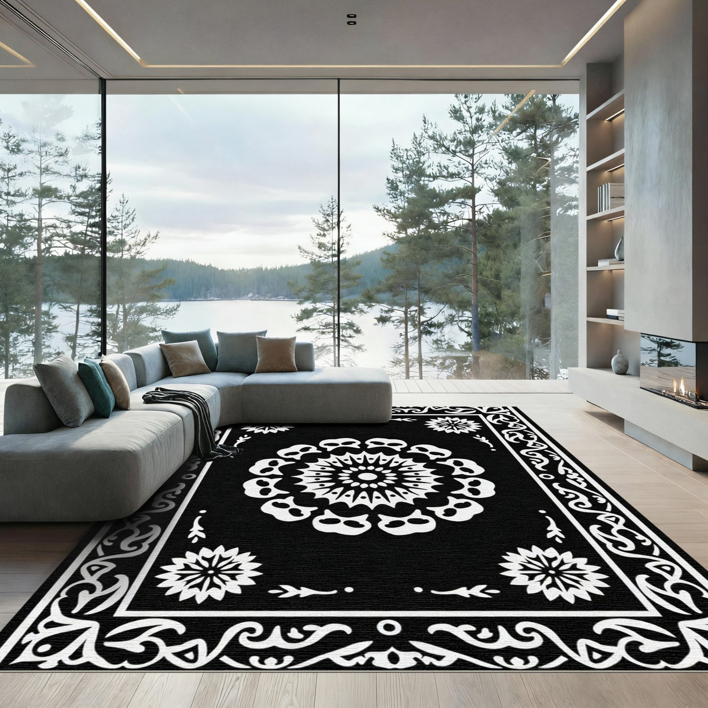 Black White Skulls Medallion Border Rug