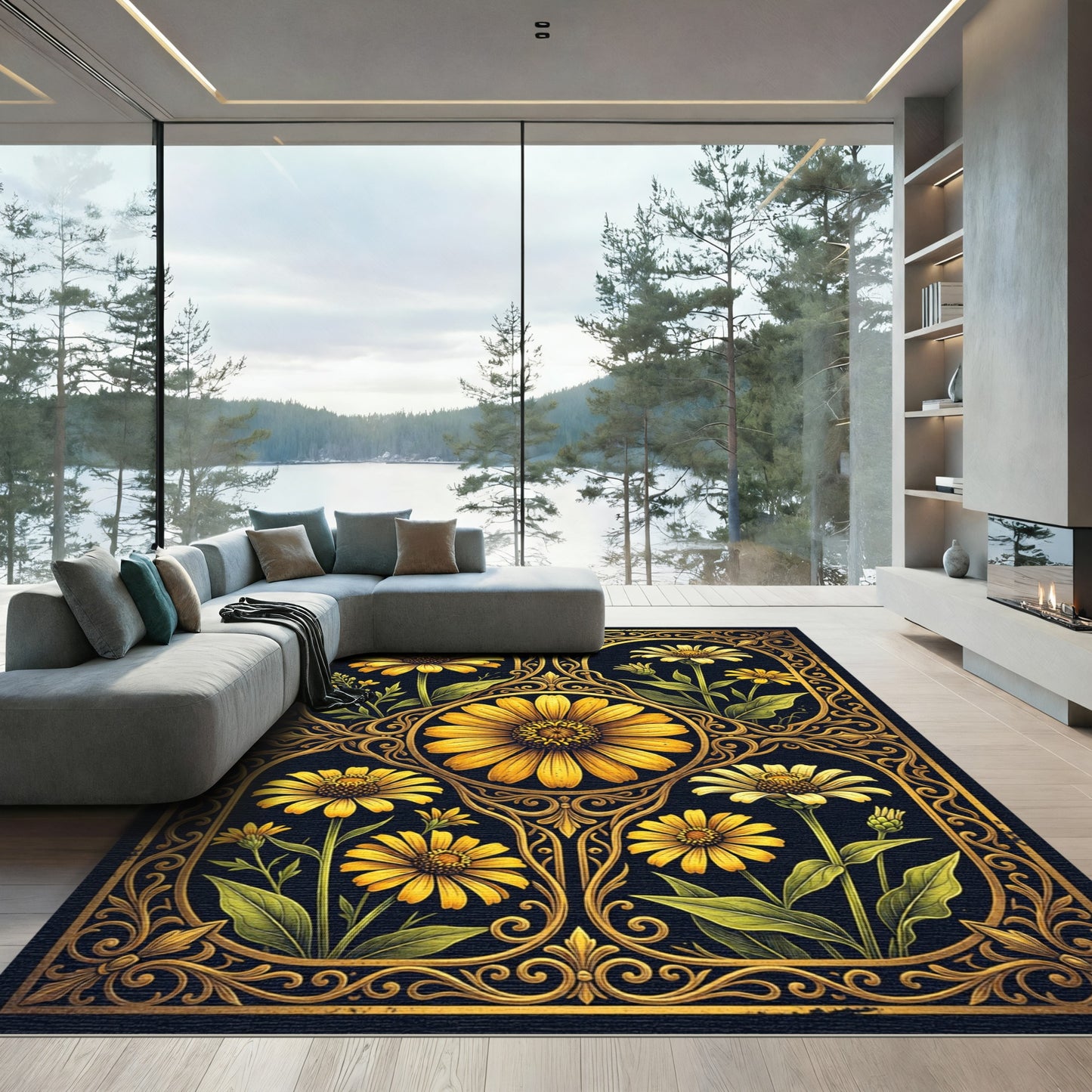 Golden Sunflower Ornate Art Nouveau Rug