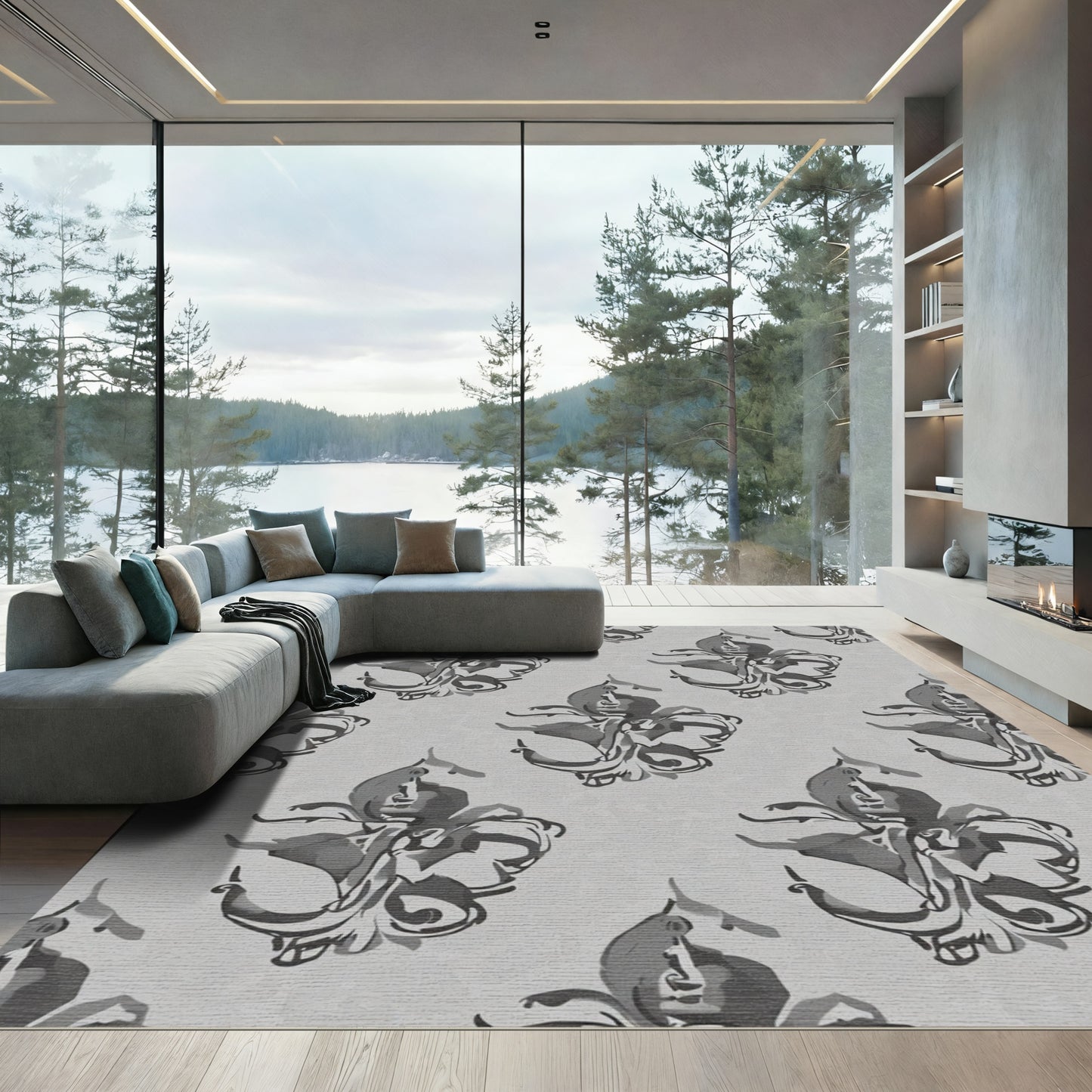 Monochromatic Gray Floral Swirl Rug