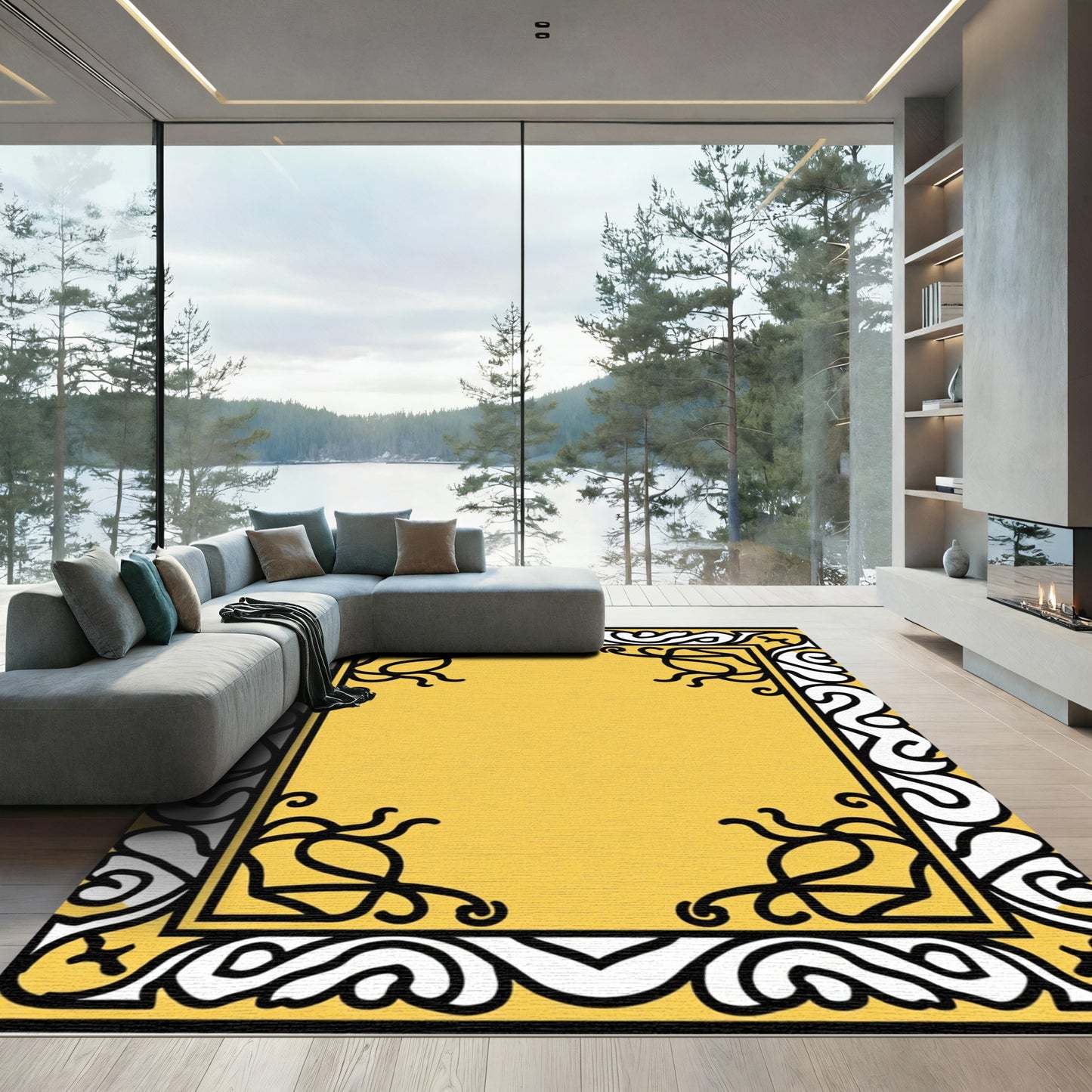 Classic Yellow Black White Border Rug