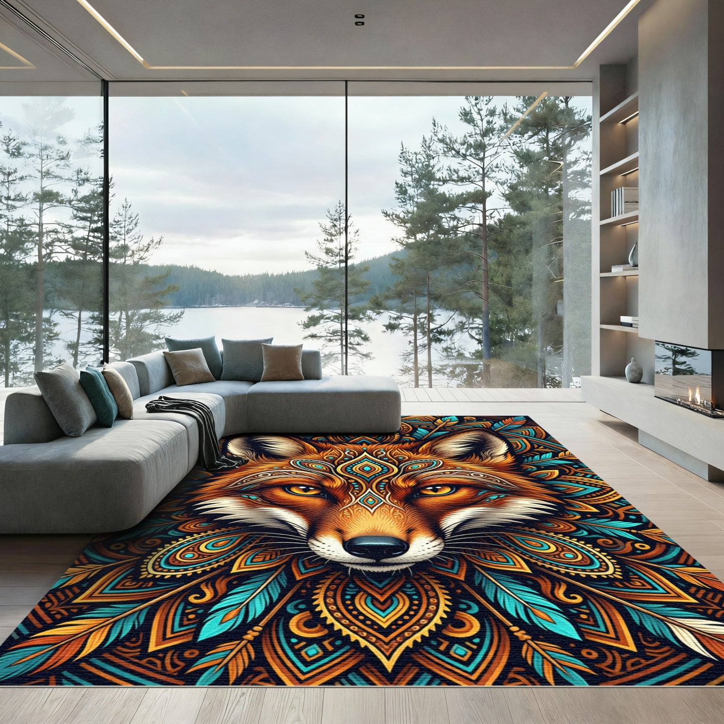 Vibrant Orange Fox Boho Feather Medallion Rug