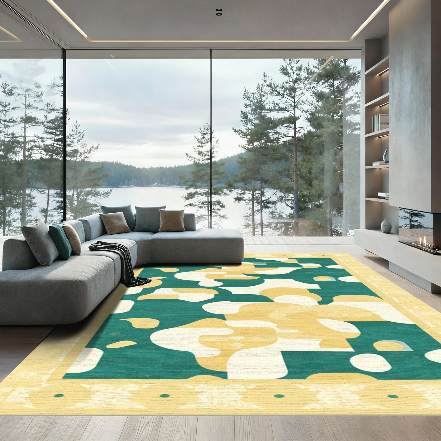 Teal Abstract Organic Shapes Golden Border Rug