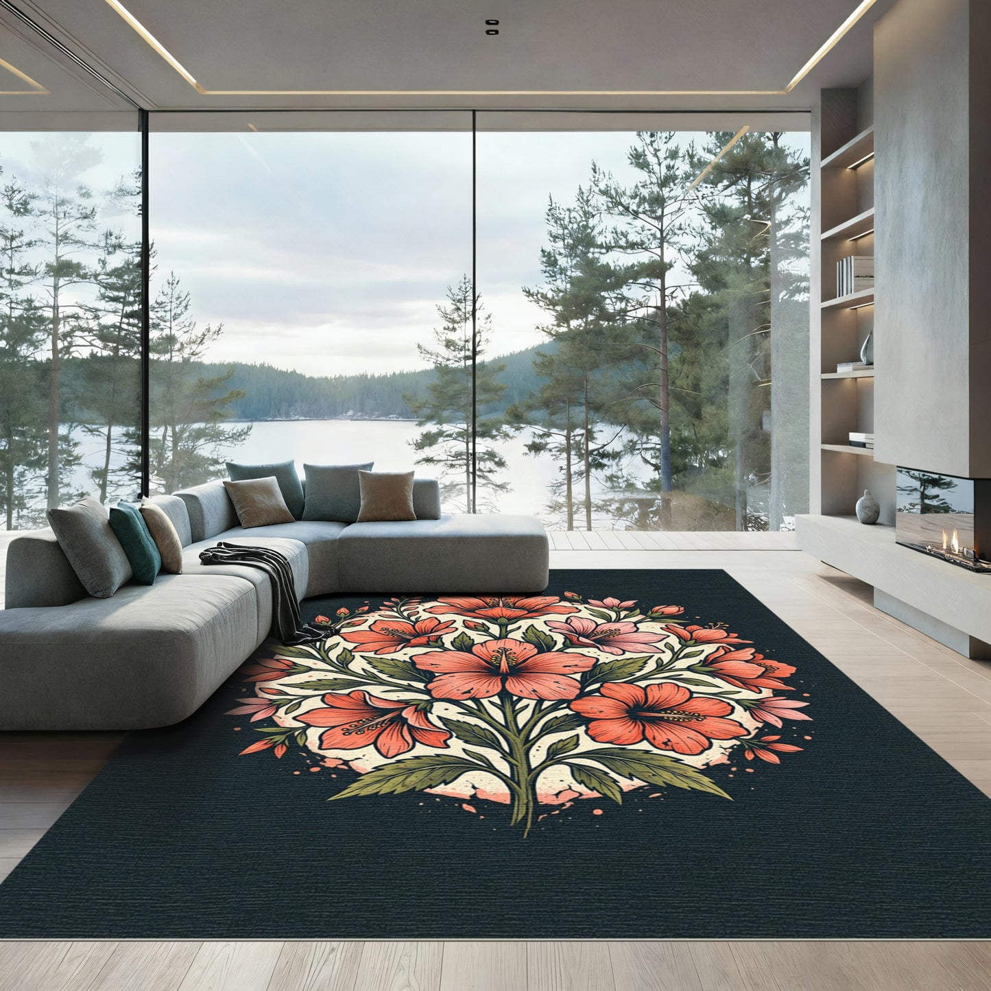 Coral Hibiscus Tropical Floral Arrangement Rug