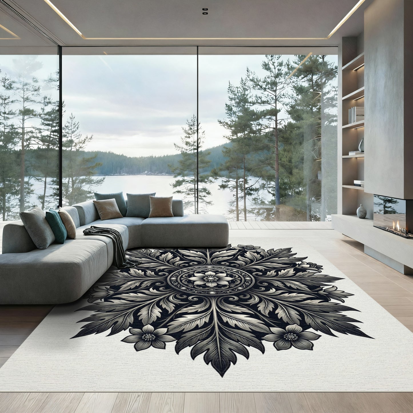 Ornate Black White Floral Medallion Rug