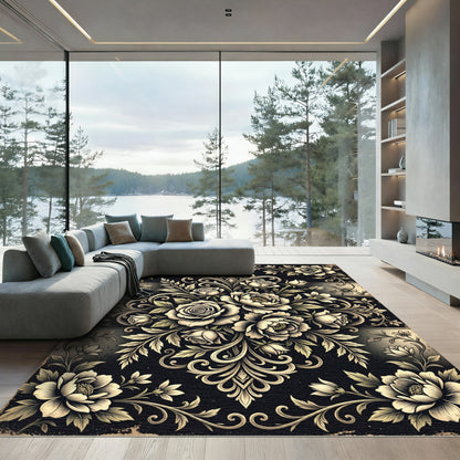 Elegant Gold Floral Damask Charcoal Rug