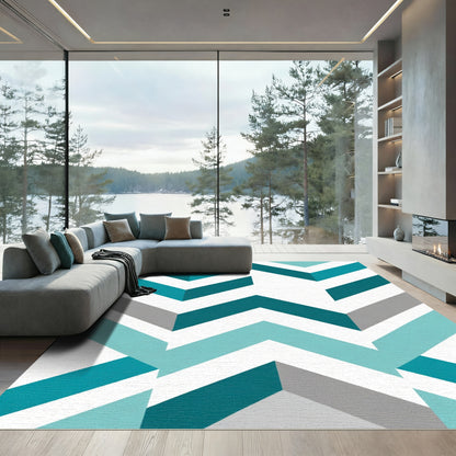 Teal Gray White Chevron Geometric Rug