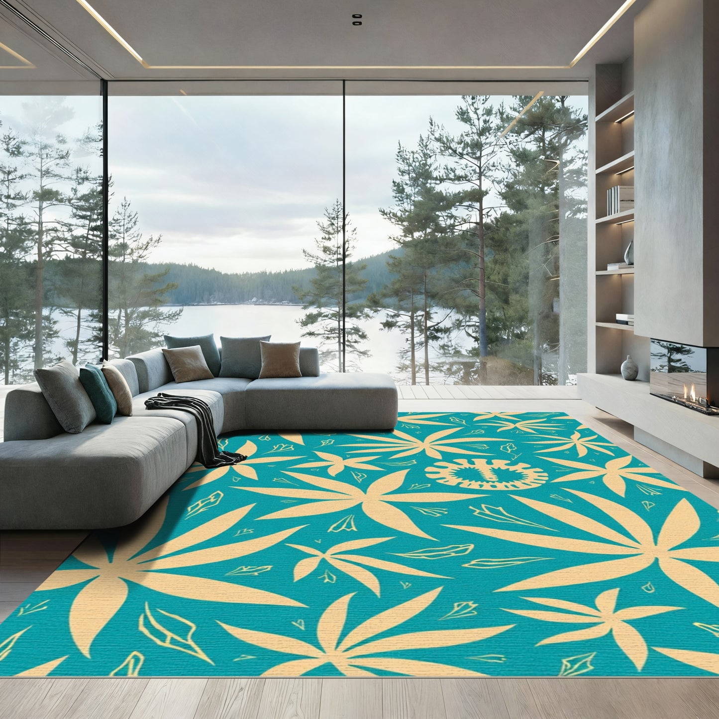 Teal Orange Blossom Tropical Bloom Rug