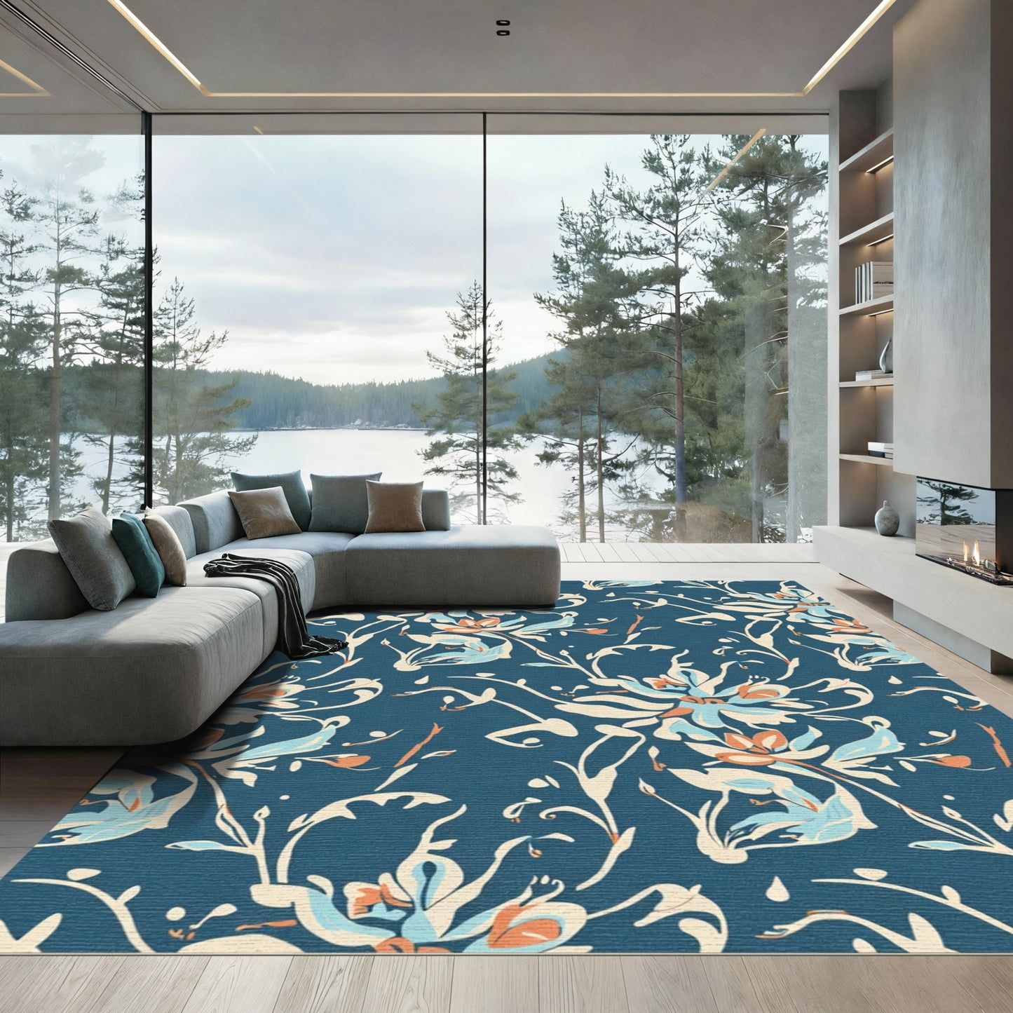 Earthy Blue Floral Scroll Rug
