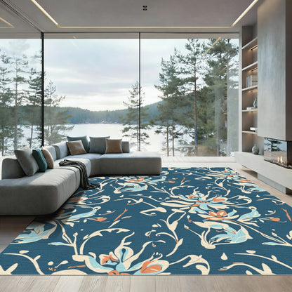 Earthy Blue Floral Scroll Rug