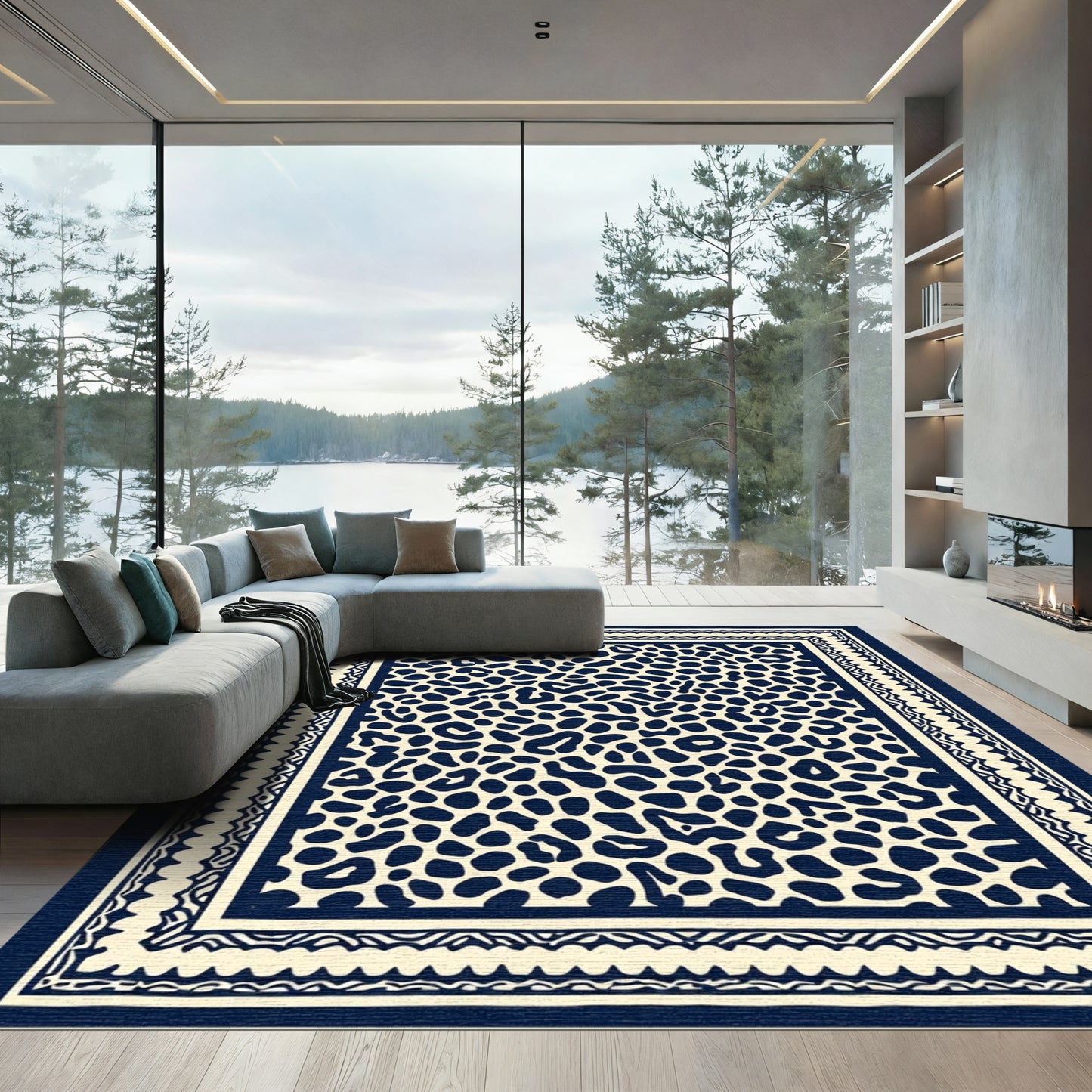 Navy Cream Animal Spot Border Rug