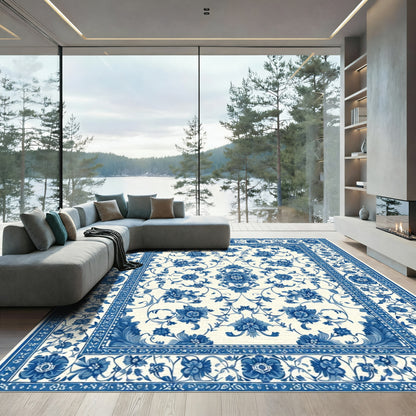 Blue White Floral Scrollwork Damask Rug