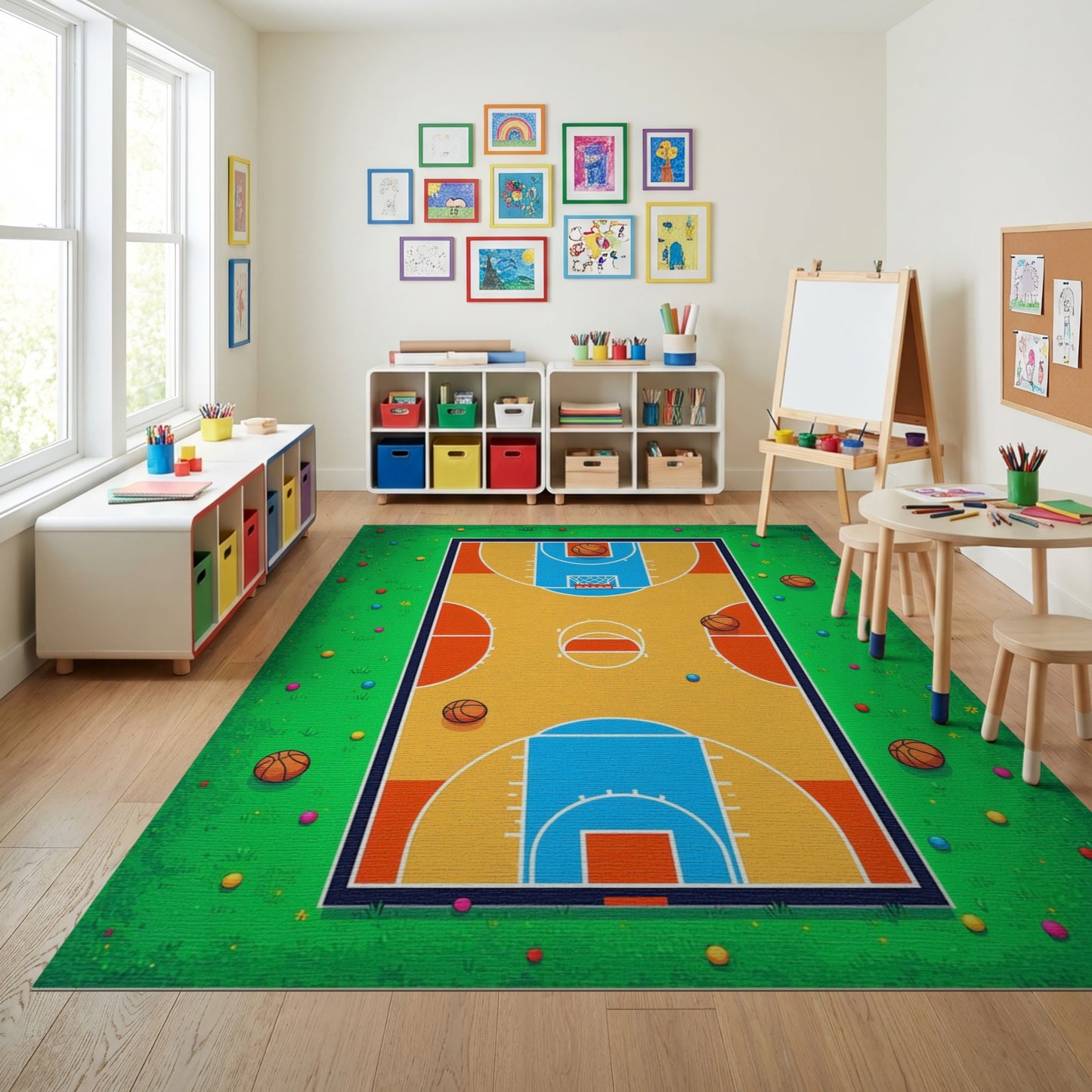 Playful Colorful Basketball Court Grass Rug