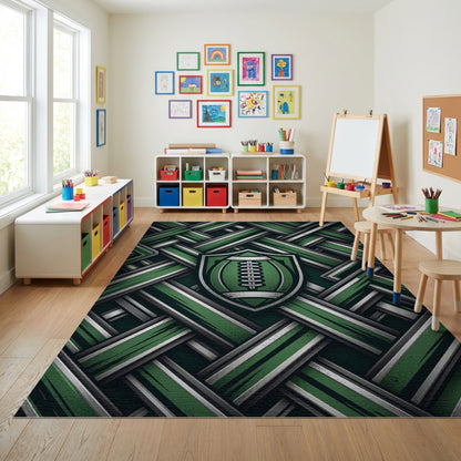 Green Silver Woven Football Shield Rug