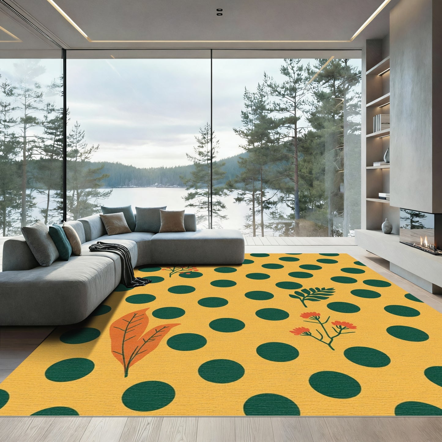 Golden Polka Dot Floral Branch Rug