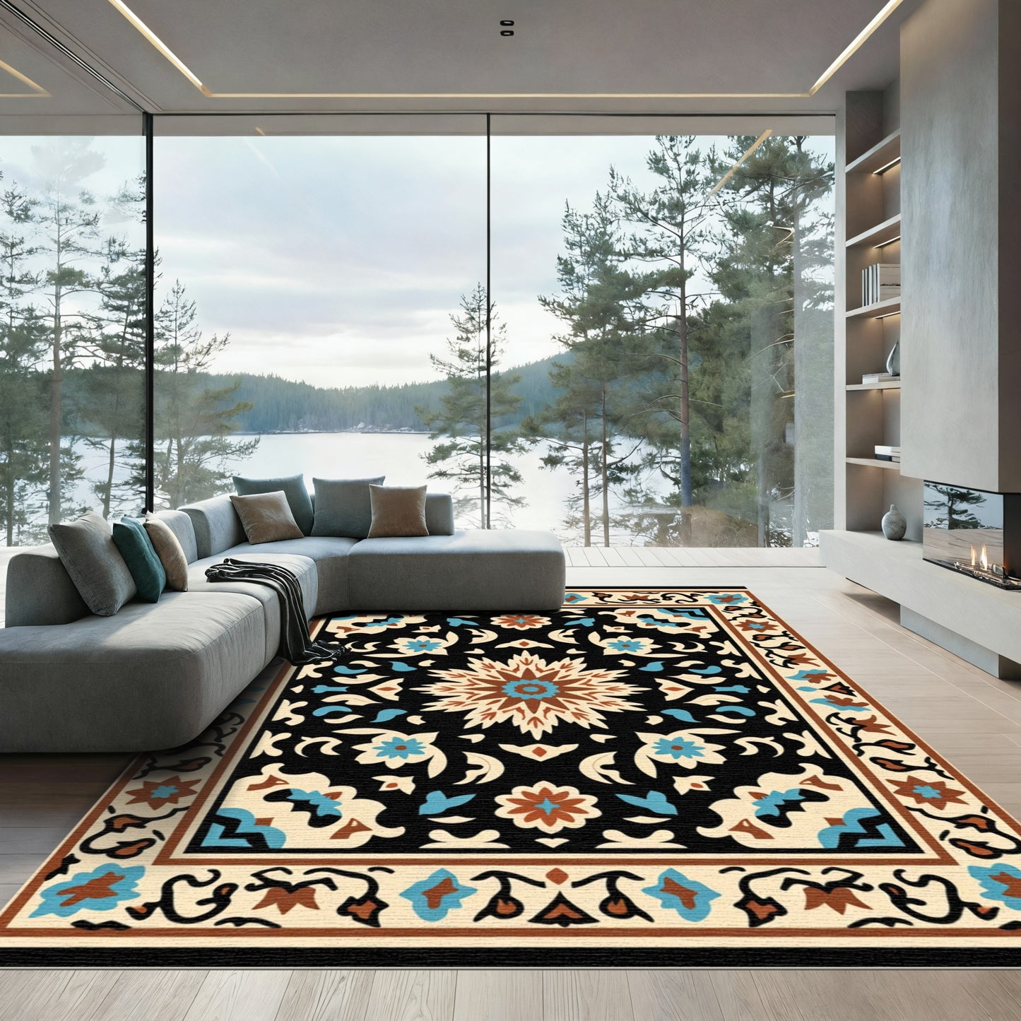 Black Floral Medallion Ochre Blue Accent Rug