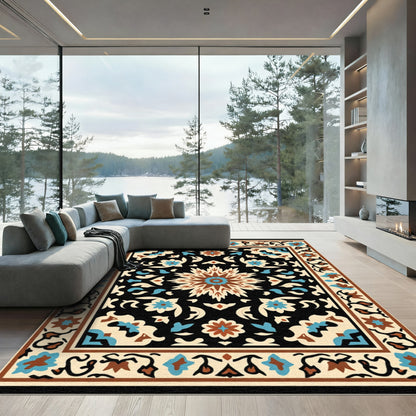 Black Floral Medallion Ochre Blue Accent Rug
