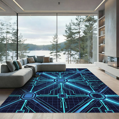 Cybernetic Neon Blue Geometric Grid Rug