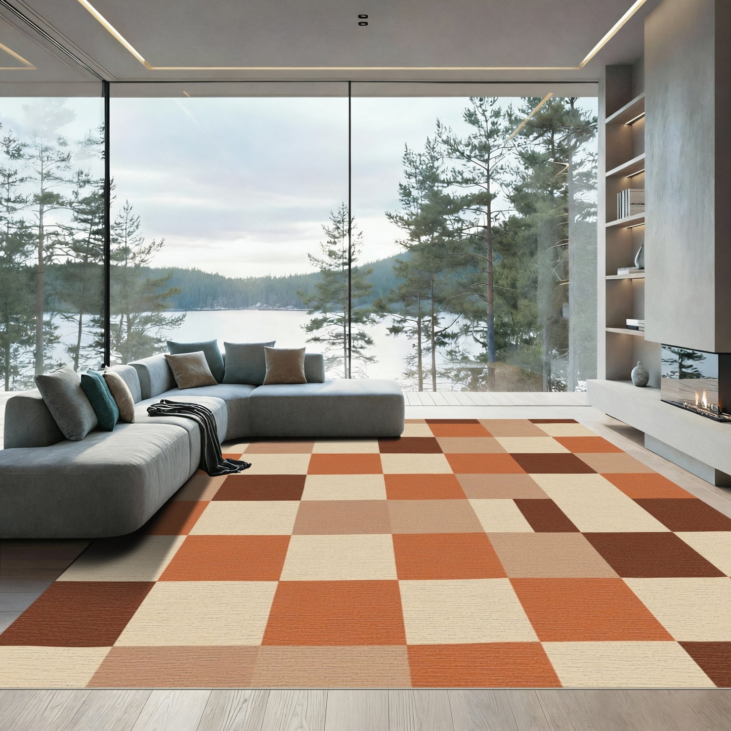 Terracotta Tan Brown Checkerboard Rug