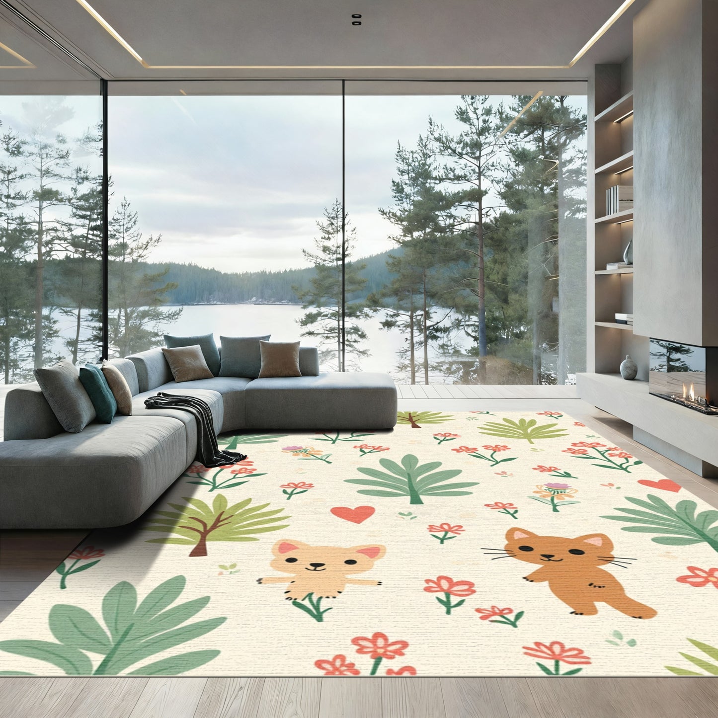 Whimsical Cat Floral Grove Rug
