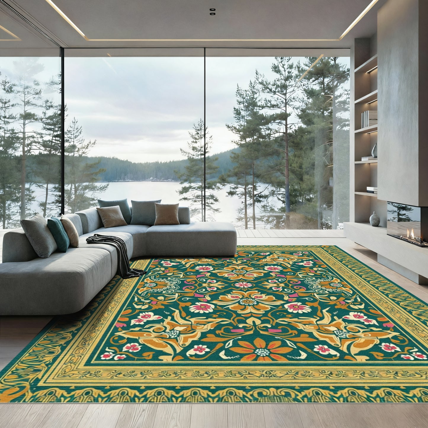 Teal Floral Medallion Border Rug
