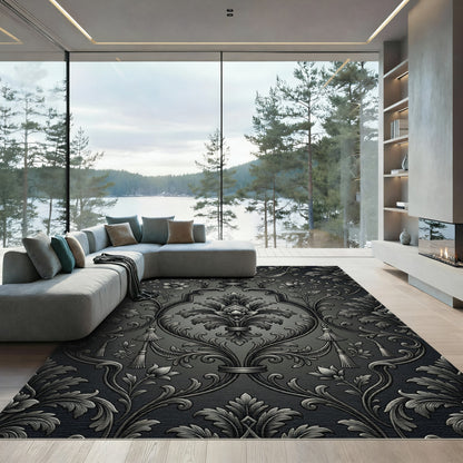 Ornate Gray Floral Scroll Tassel Rug