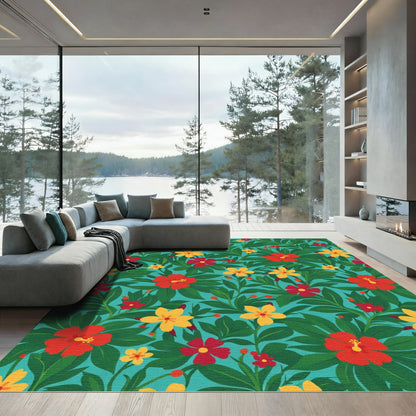 Vibrant Red Yellow Tropical Hibiscus Rug