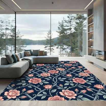 Vintage Pink Rose Trellis Navy Botanical Rug