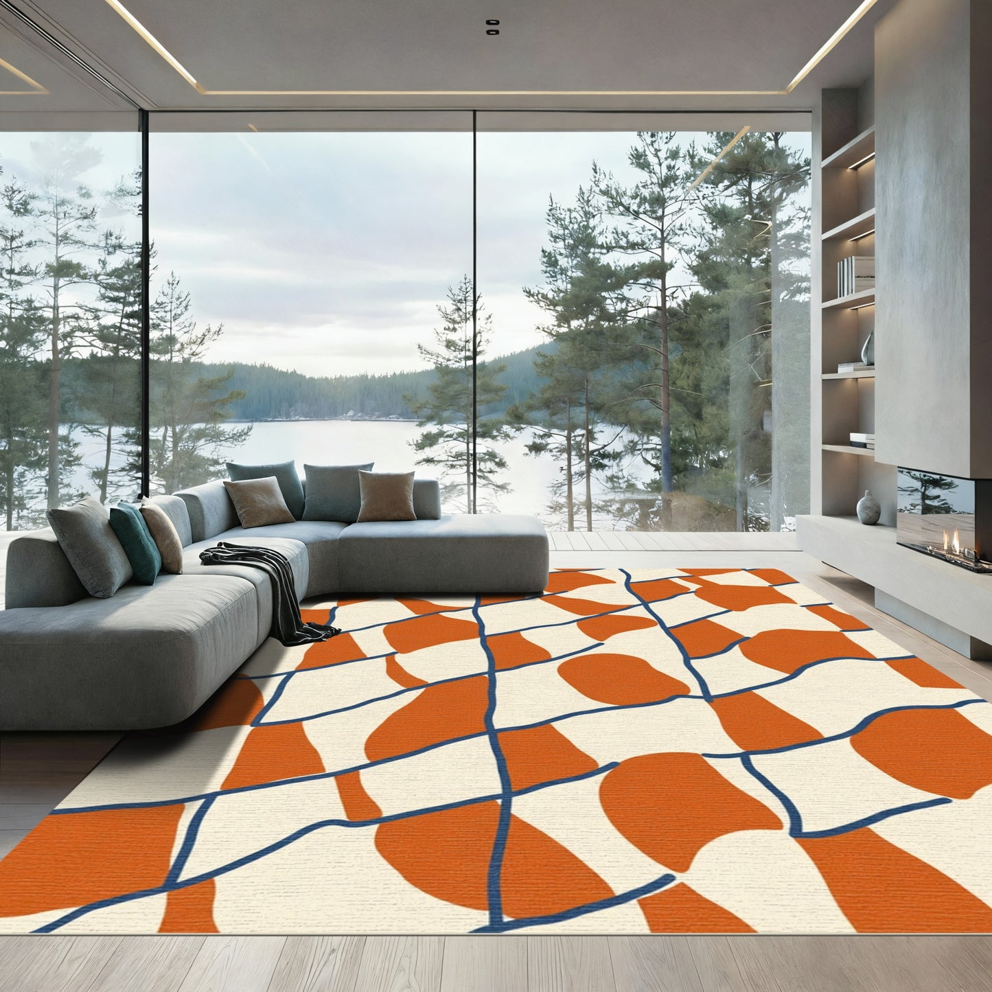Orange Blue Cream Organic Grid Rug
