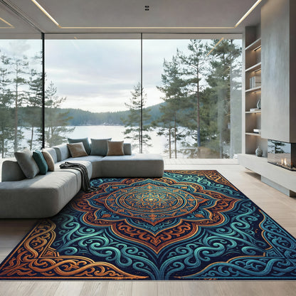 Elegant Teal and Gold Mandala Medallion Rug