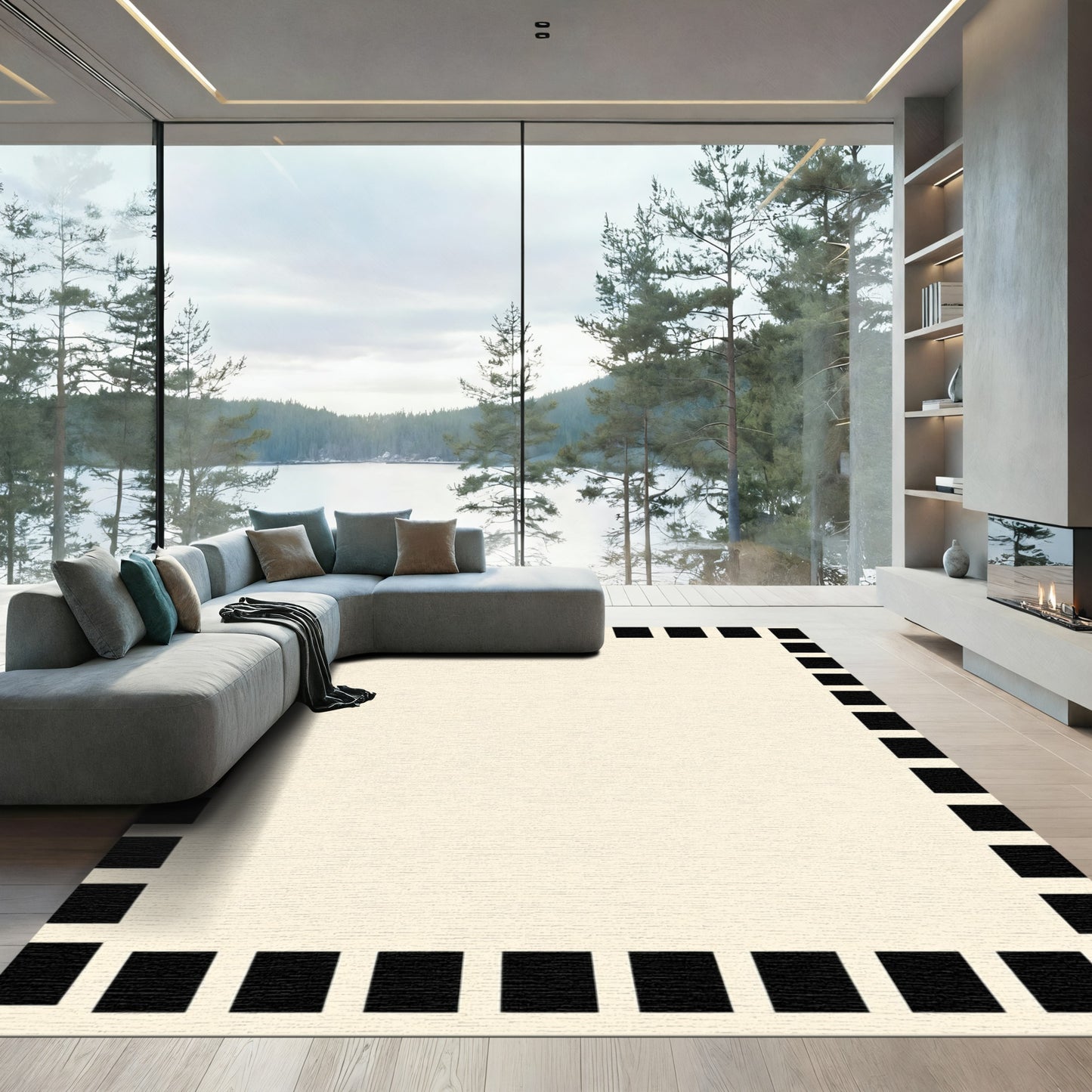 Cream Black Block Border Rug
