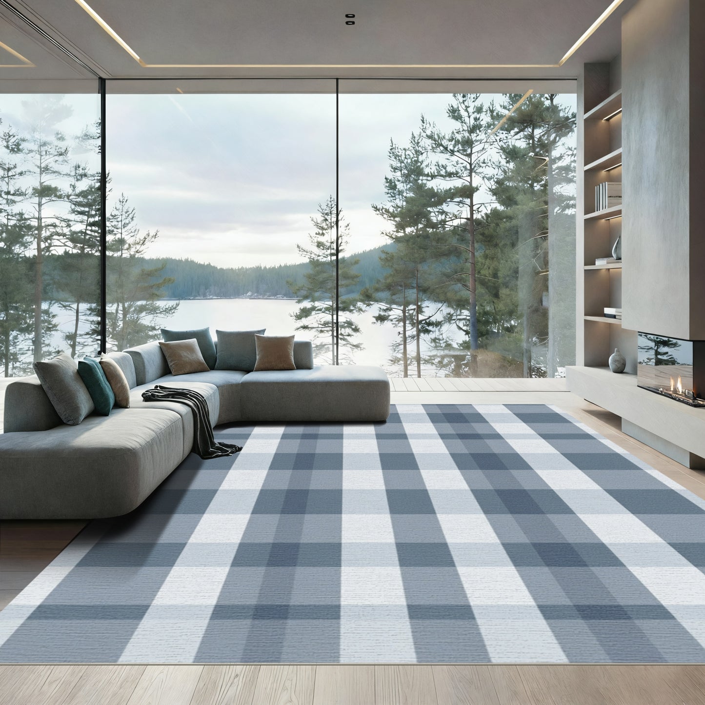 Classic Blue Gingham Plaid Rug
