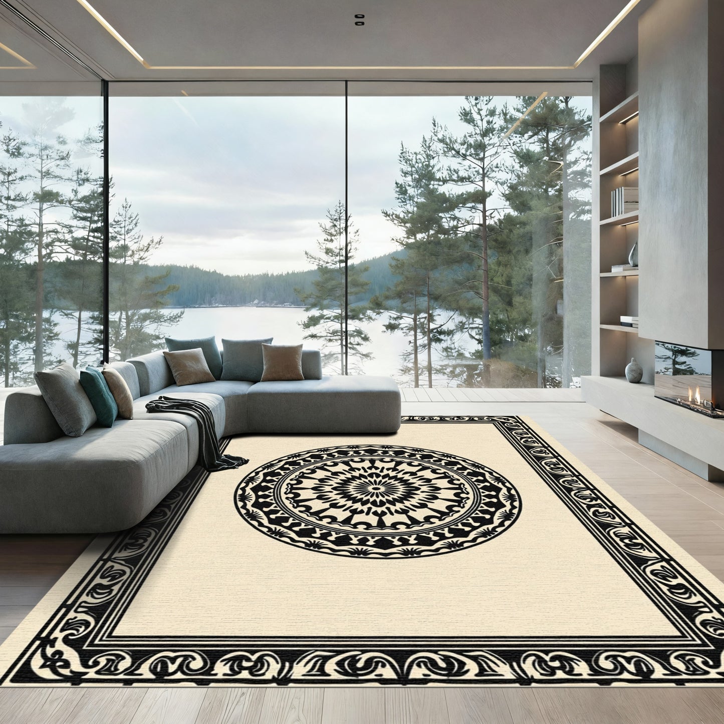 Black Floral Medallion Border Rug