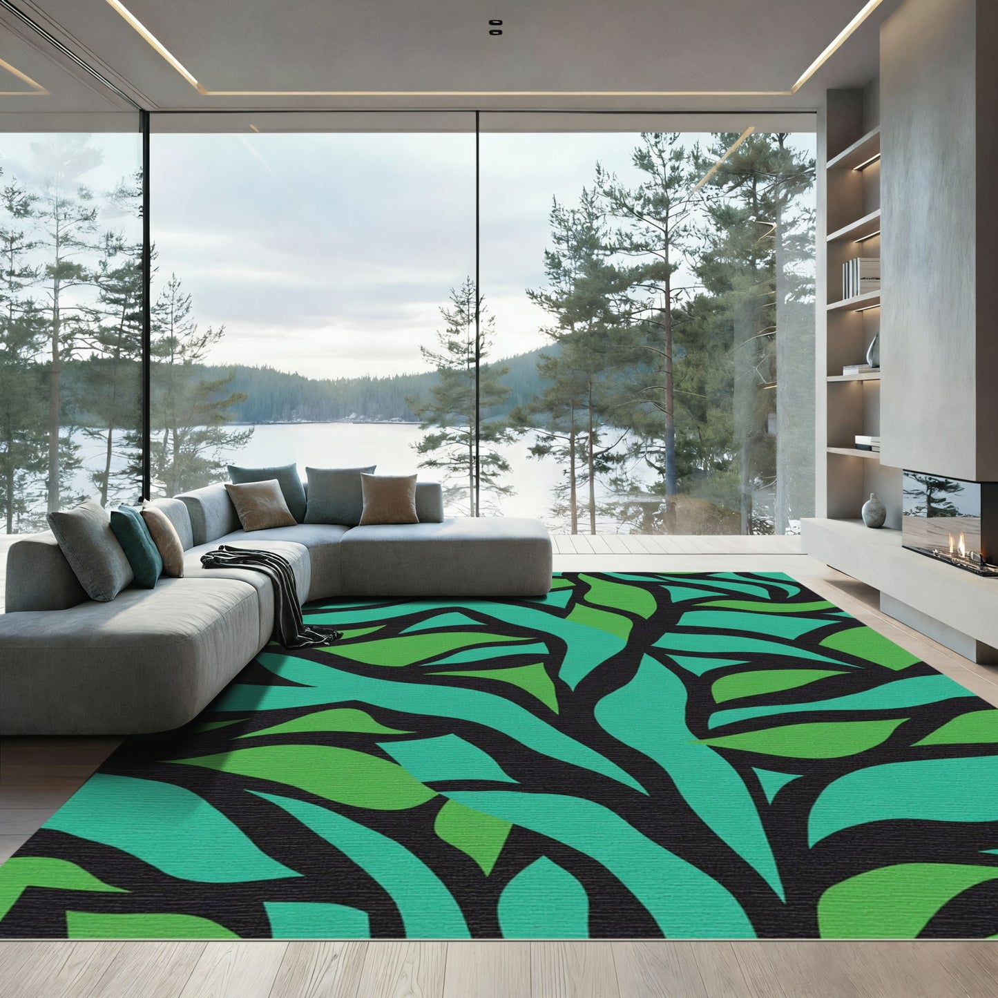 Teal Green Abstract Leaf Swirl Rug
