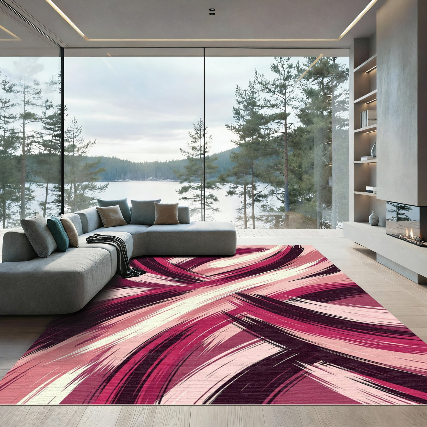 Abstract Crimson Rose Swirl Movement Rug