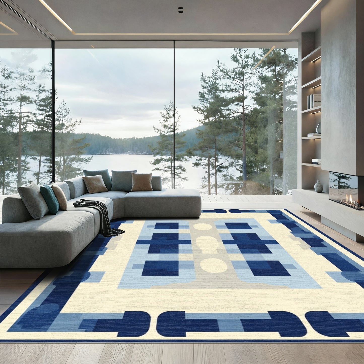 Navy Blue Geometric Abstract Form Rug
