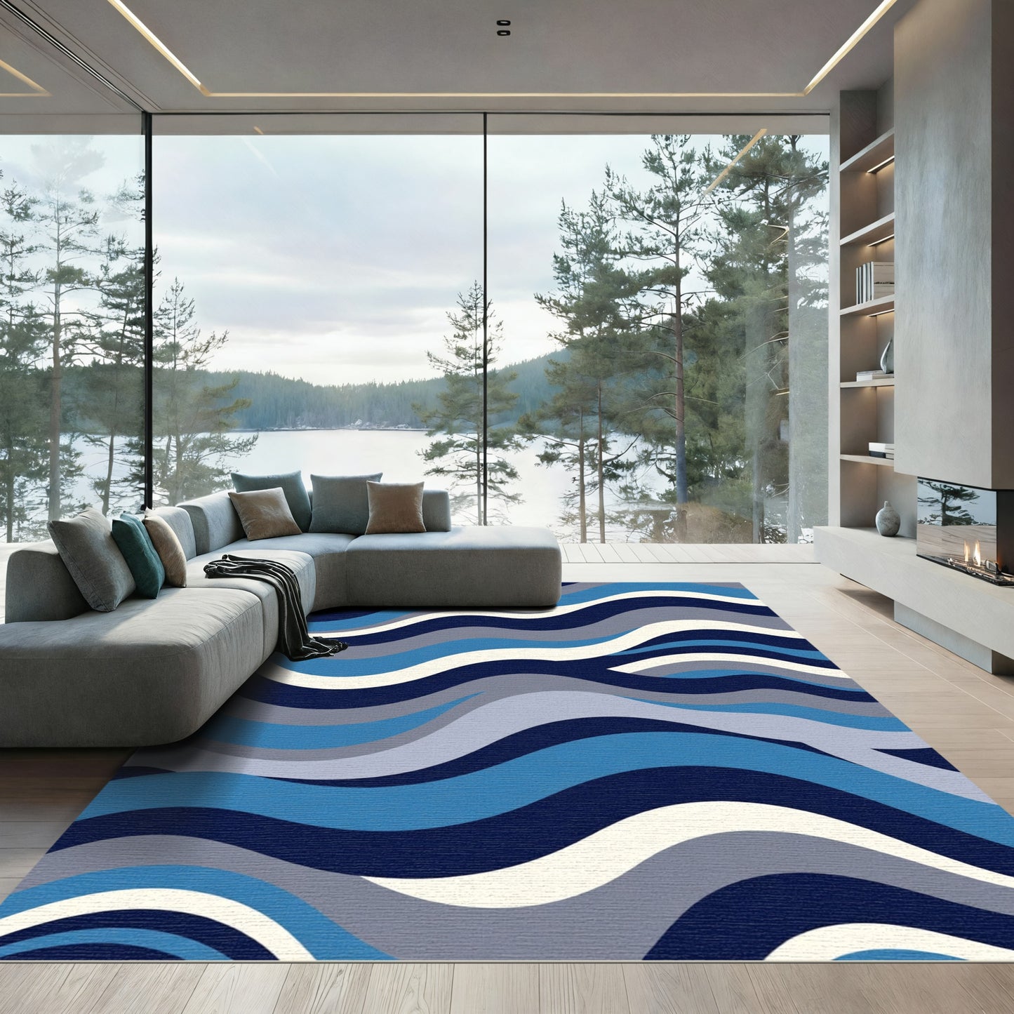 Ocean Blue Wavy Stripe Rug