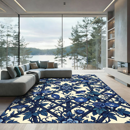 Deep Blue Floral Trellis Morning Glories Rug