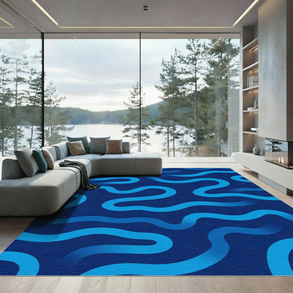 Deep Blue Gradient Wavy Lines Rug