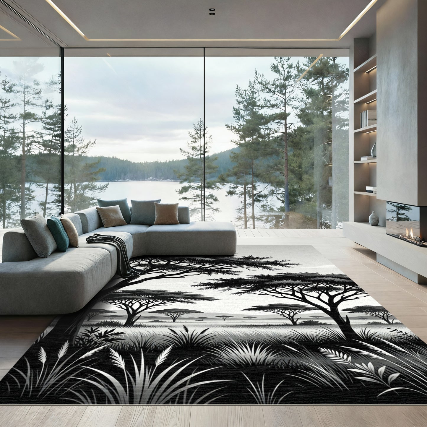 Monochrome African Savanna Landscape Rug