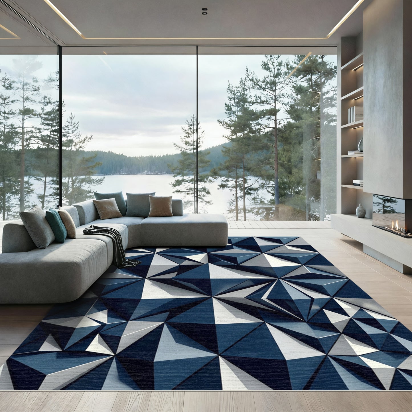 Modern Navy White Geometric Prism Grid Rug