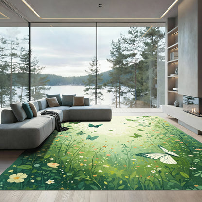 Emerald Butterflies Amidst Wildflowers Garden Rug