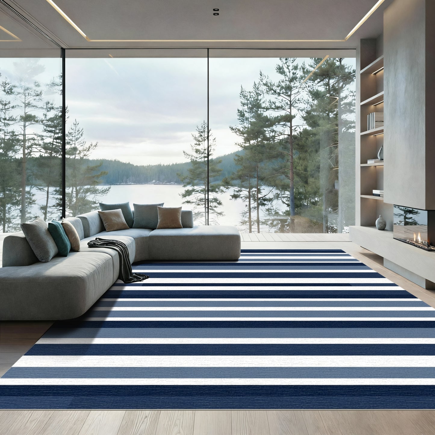 Modern Coastal Blue Horizontal Stripe Rug