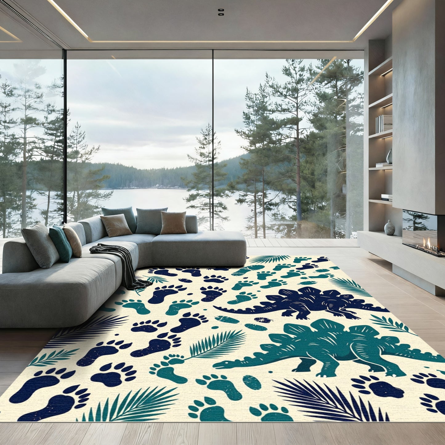 Dinosaur Track Tropical Forest Teal Navy Rug