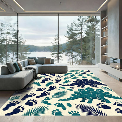 Dinosaur Track Tropical Forest Teal Navy Rug