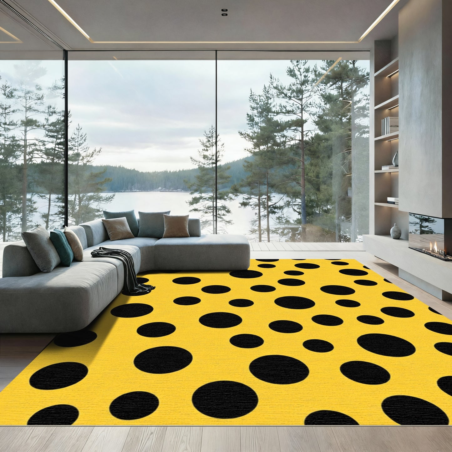 Golden Yellow Black Polka Dot Rug