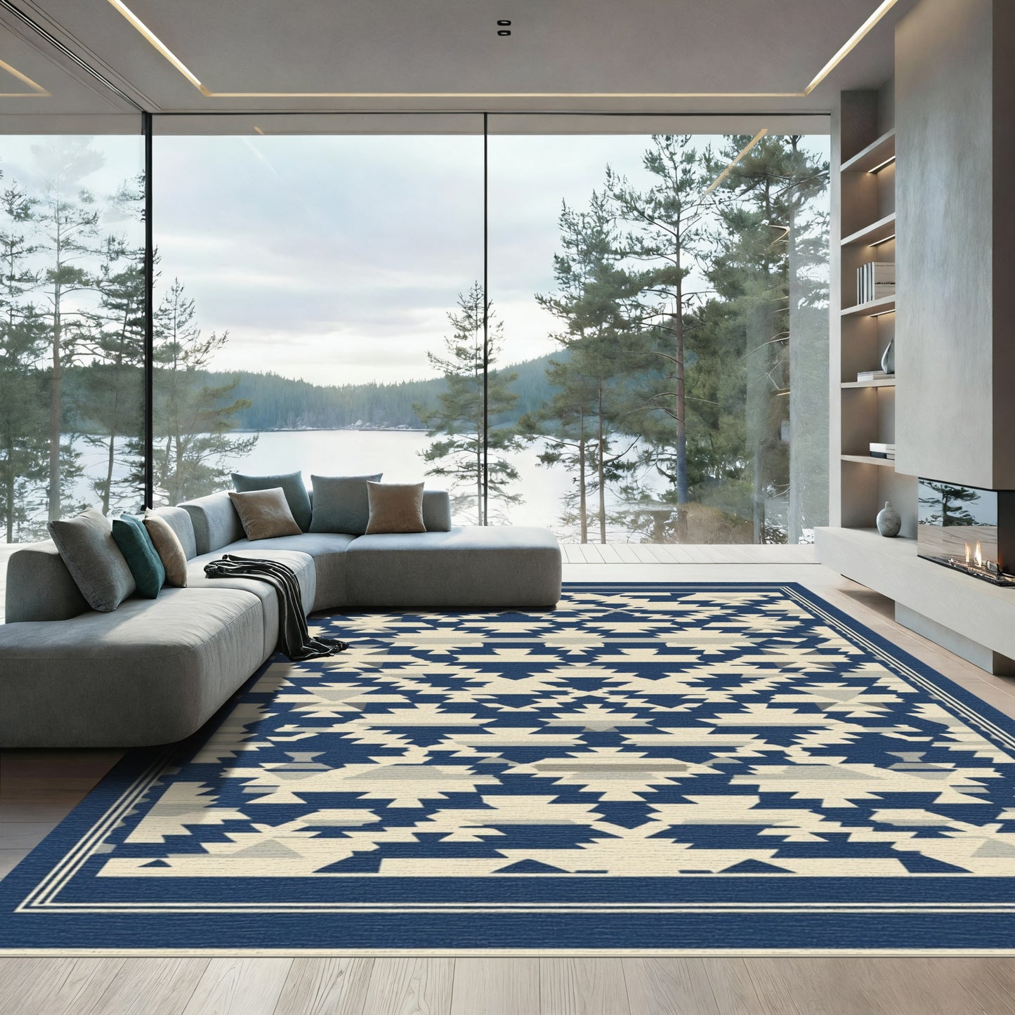 Navy Beige Geometric Tribal Rug