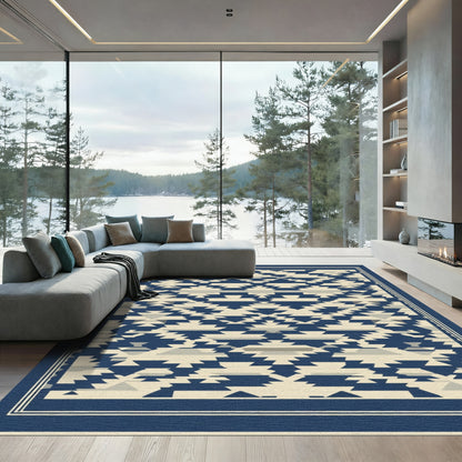 Navy Beige Geometric Tribal Rug