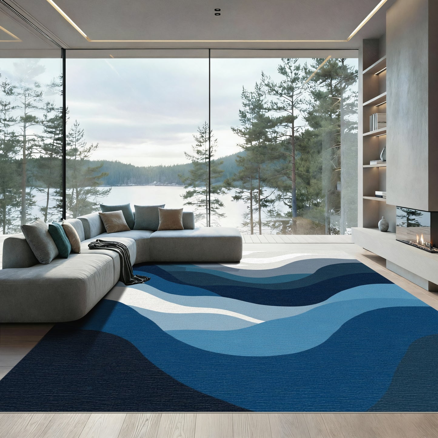Modern Deep Blue Wavy Abstract Rug